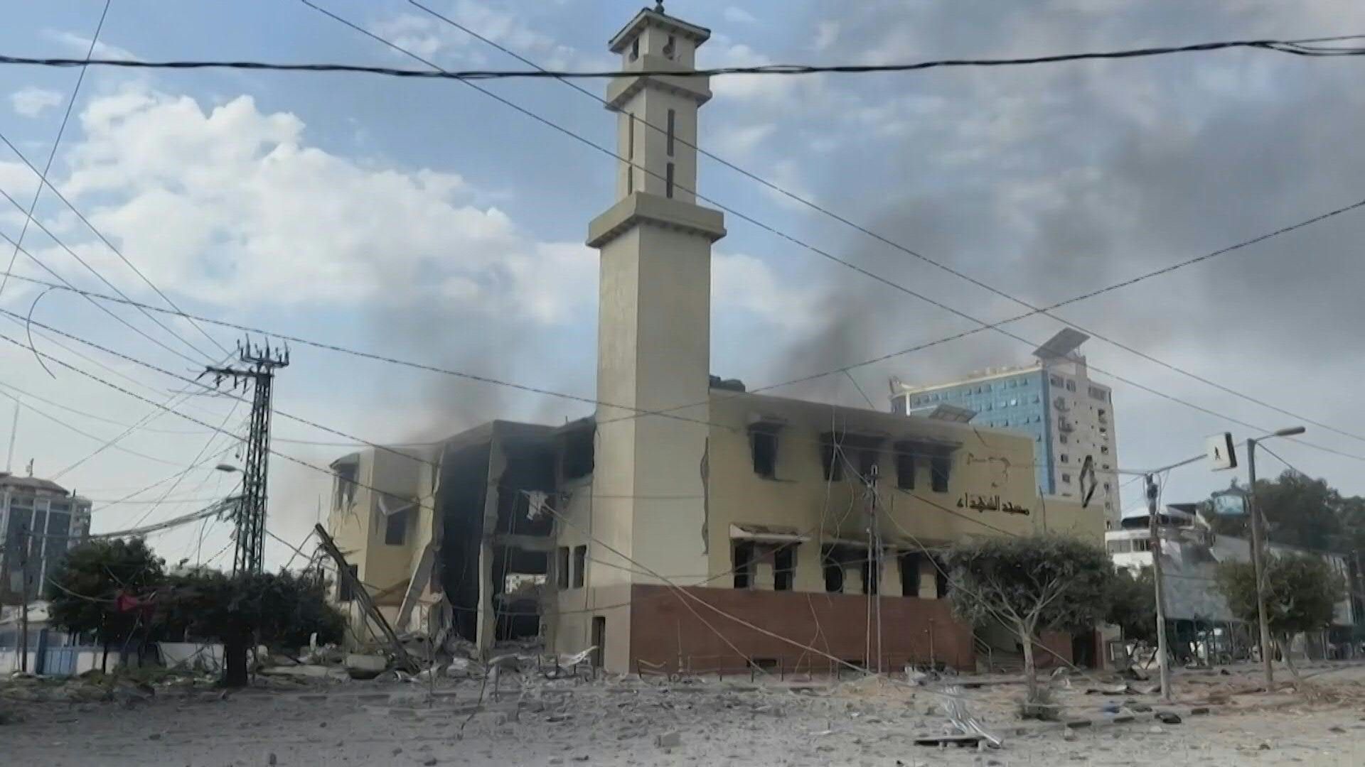 Smoke rises from mosque in deserted central Gaza City