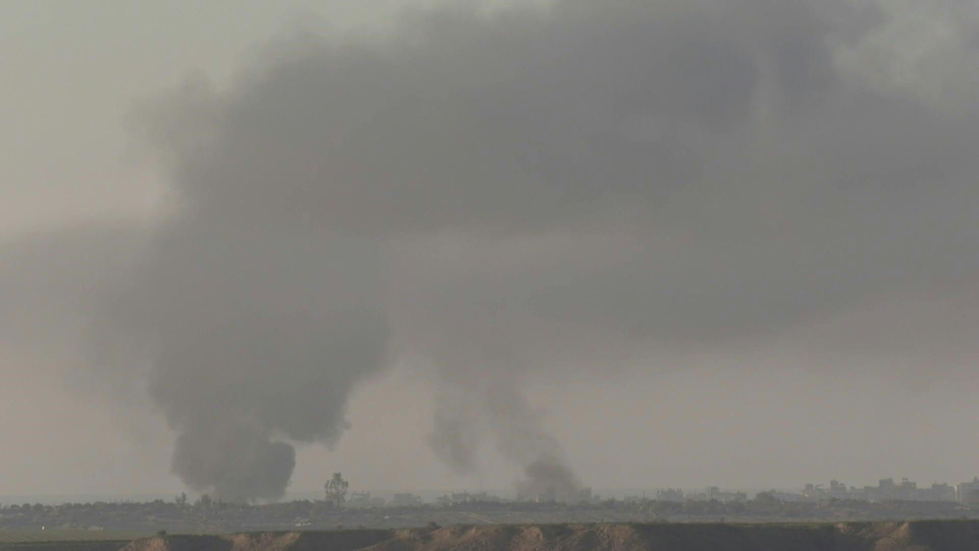 Plumes of smoke over Gaza, seen from Israel