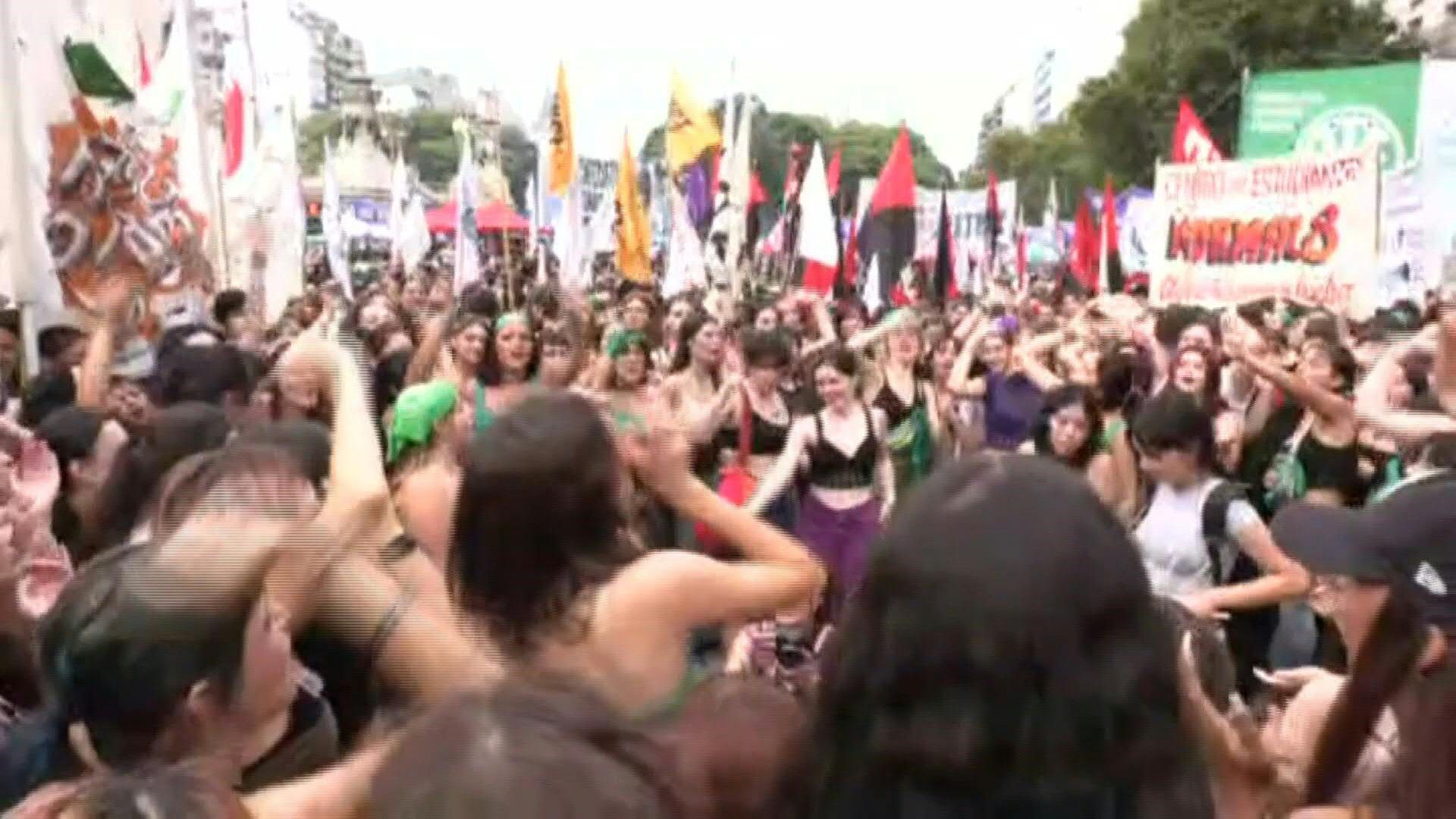 Argentine activists outside congress building on International Women's Day