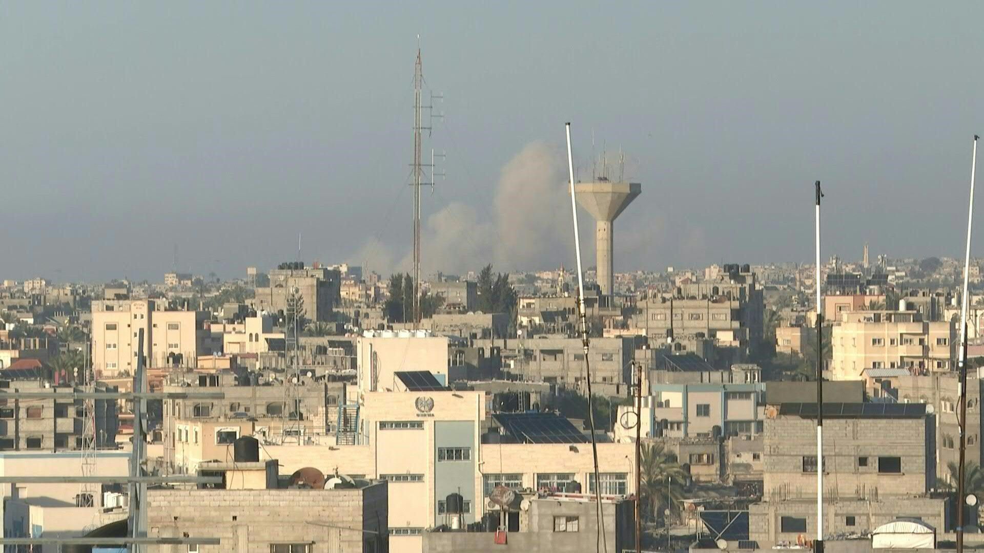 Smoke rises over Khan Yunis following Israeli strike, seen from Rafah