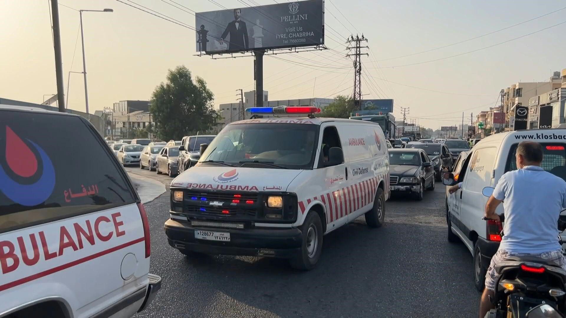Ambulances carrying wounded and killed Lebanese soldiers arrive at hospital after blast