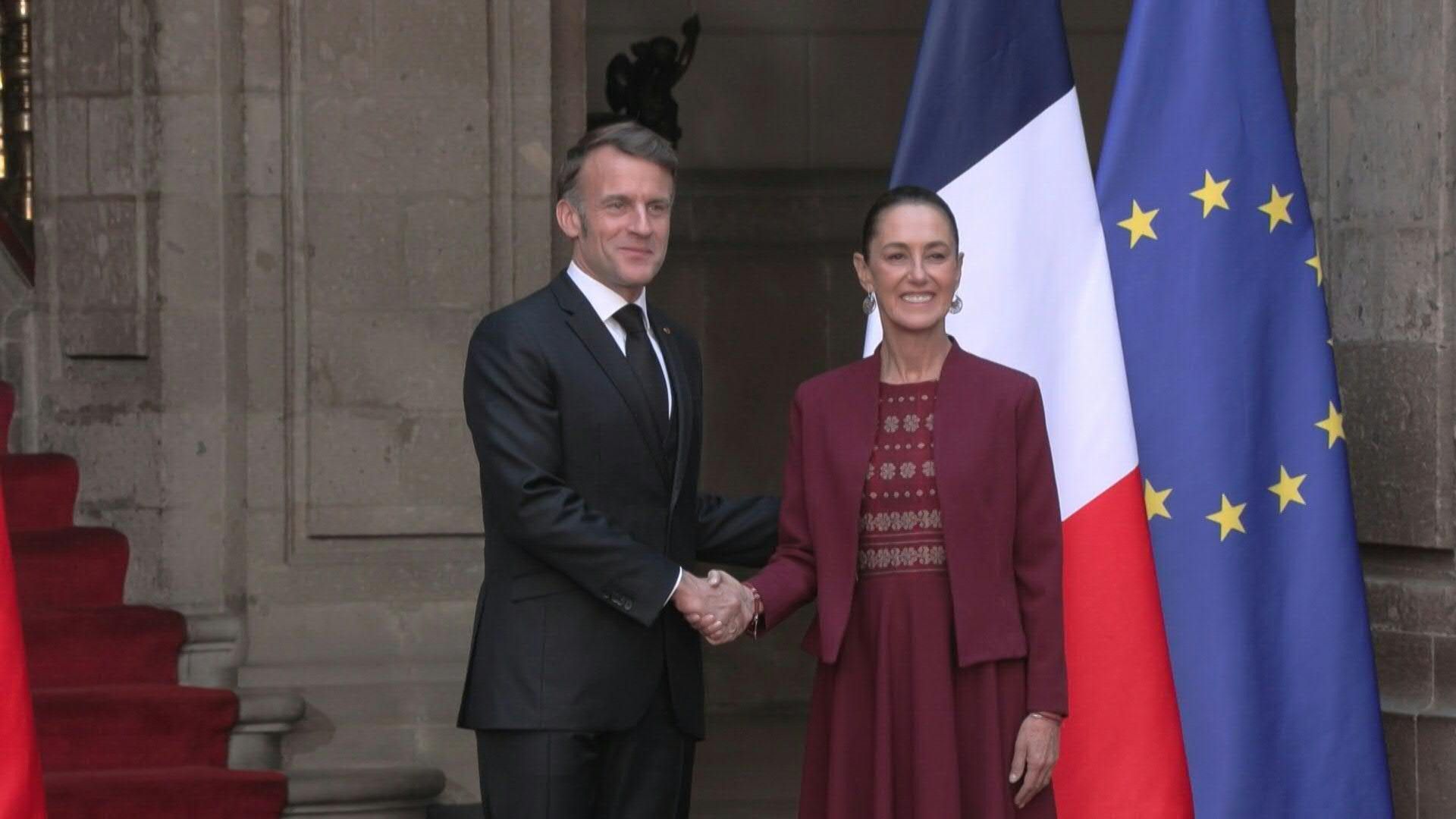 Emmanuel Macron welcomed by Mexican President Claudia Sheinbaum