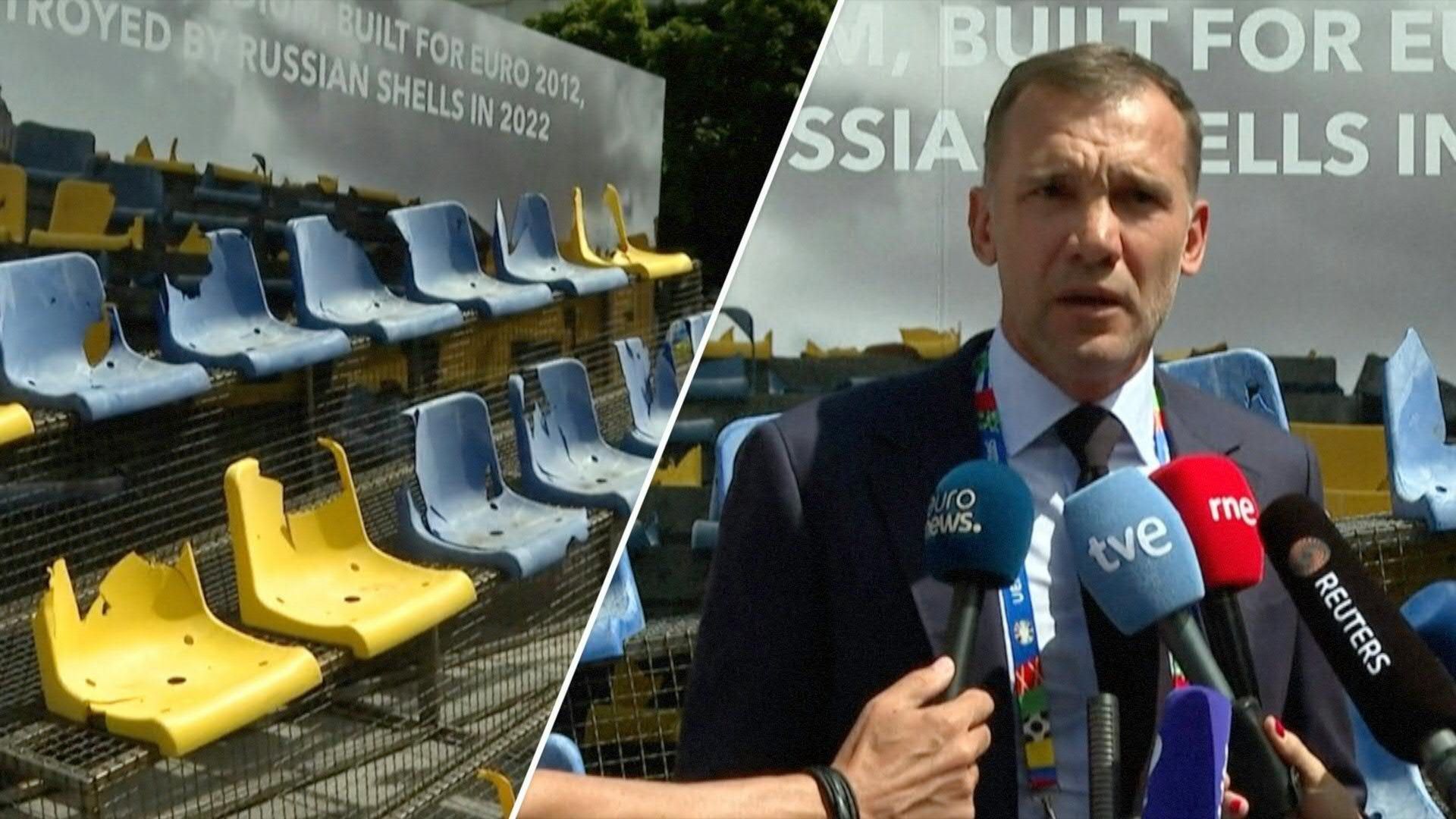 Mahnmal: Ukraine präsentiert zerstörte Tribünenteile in München