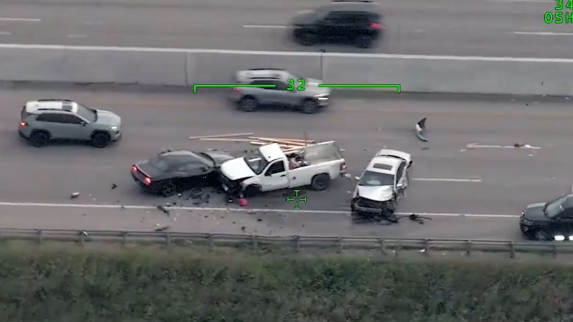 Chase on the highway ends in crash - wrong direction and flying debris