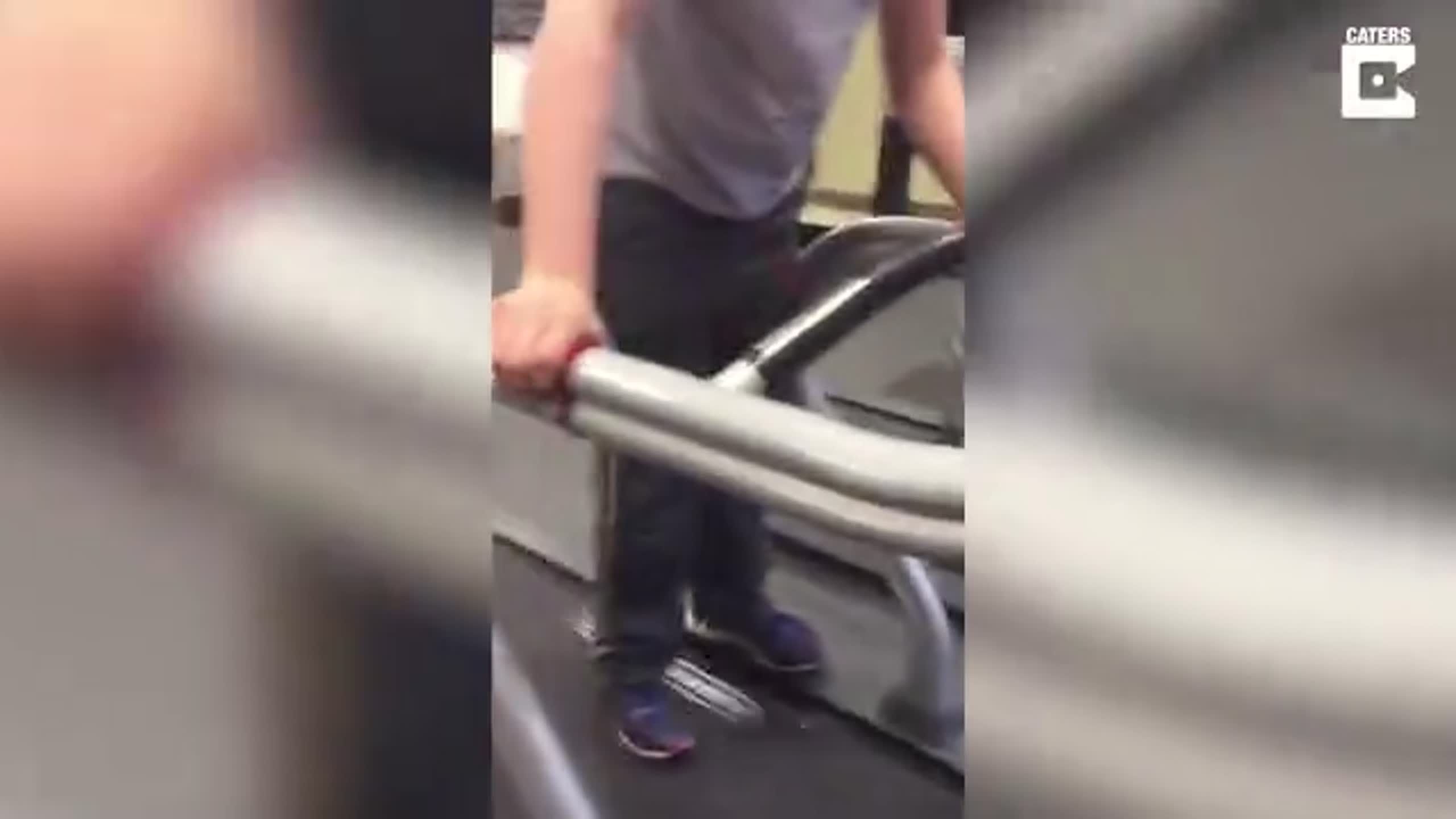 TEENAGER HILARIOUSLY STACKS IT ON A RACING TREADMILL
