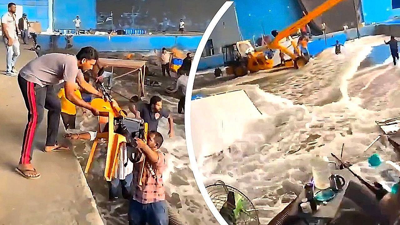 Video: Wasserbecken birst beim Dreh: Flutwelle spült Filmset weg
