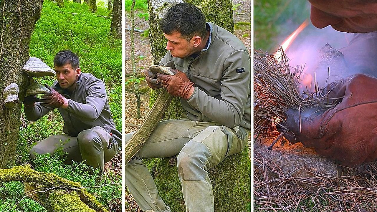 Nur mit einem Pilz: Mann macht Feuer wie in der Steinzeit