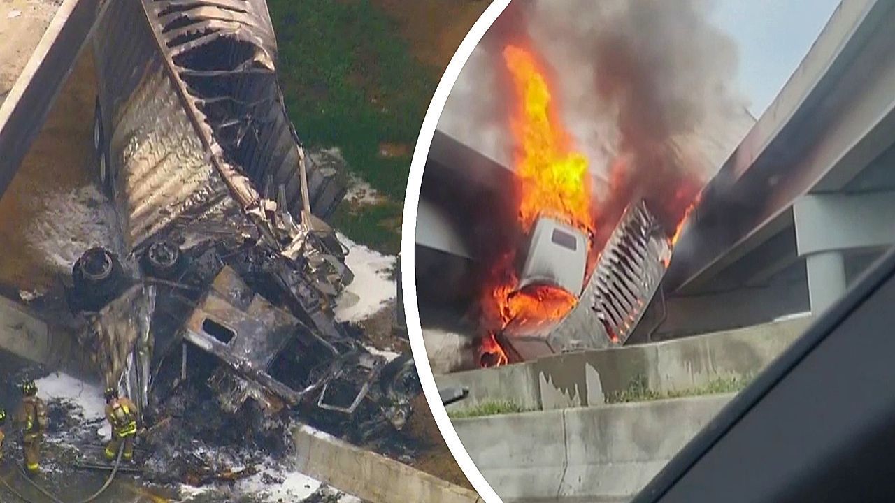 Brennender Lkw hängt von Autobahnbrücke – Fahrer überlebt Sechs-Meter-Sturz