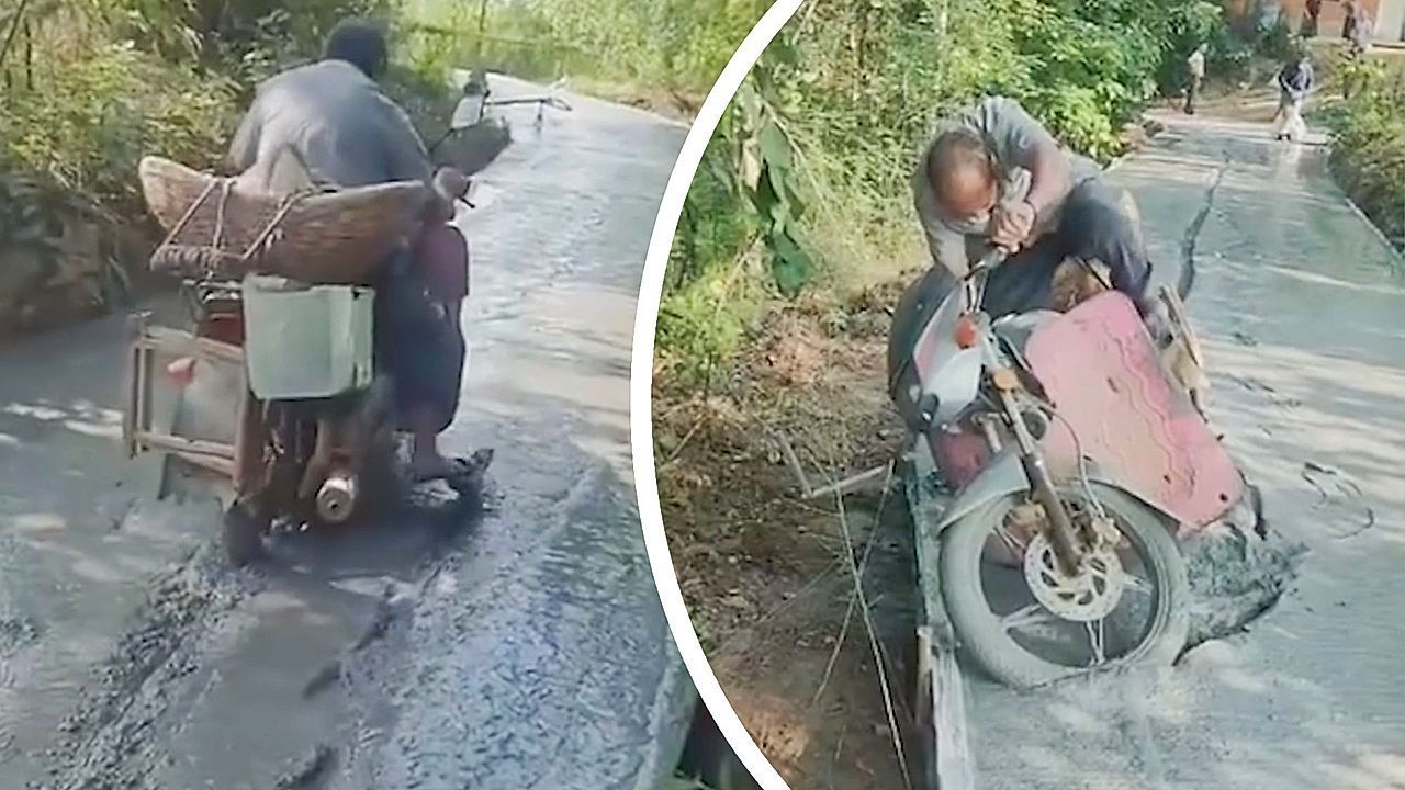 Video: Motorradfahrer fährt direkt in nassen Zement