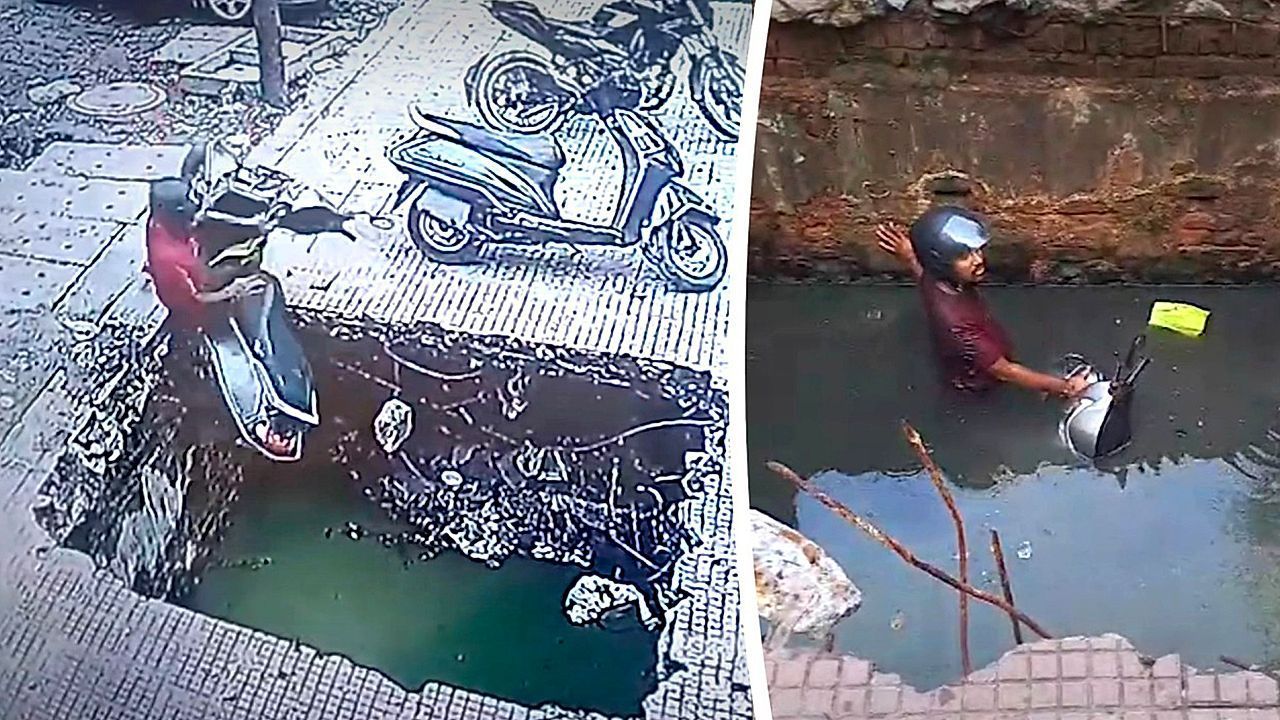 Video: Mitten ins Abwasser: Mann stürzt mit Roller in riesiges Loch im Gehsteig
