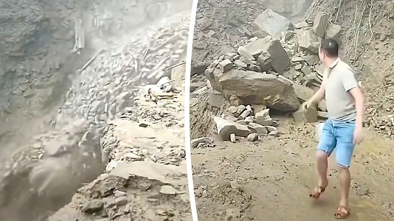 Close call: Landslide narrowly misses group of tourists in Vietnam