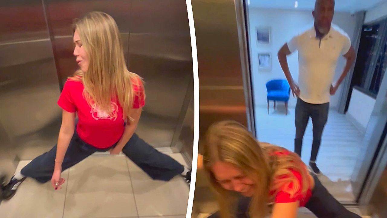 Woman gets hilariously stuck doing splits in elevator – then the doors open