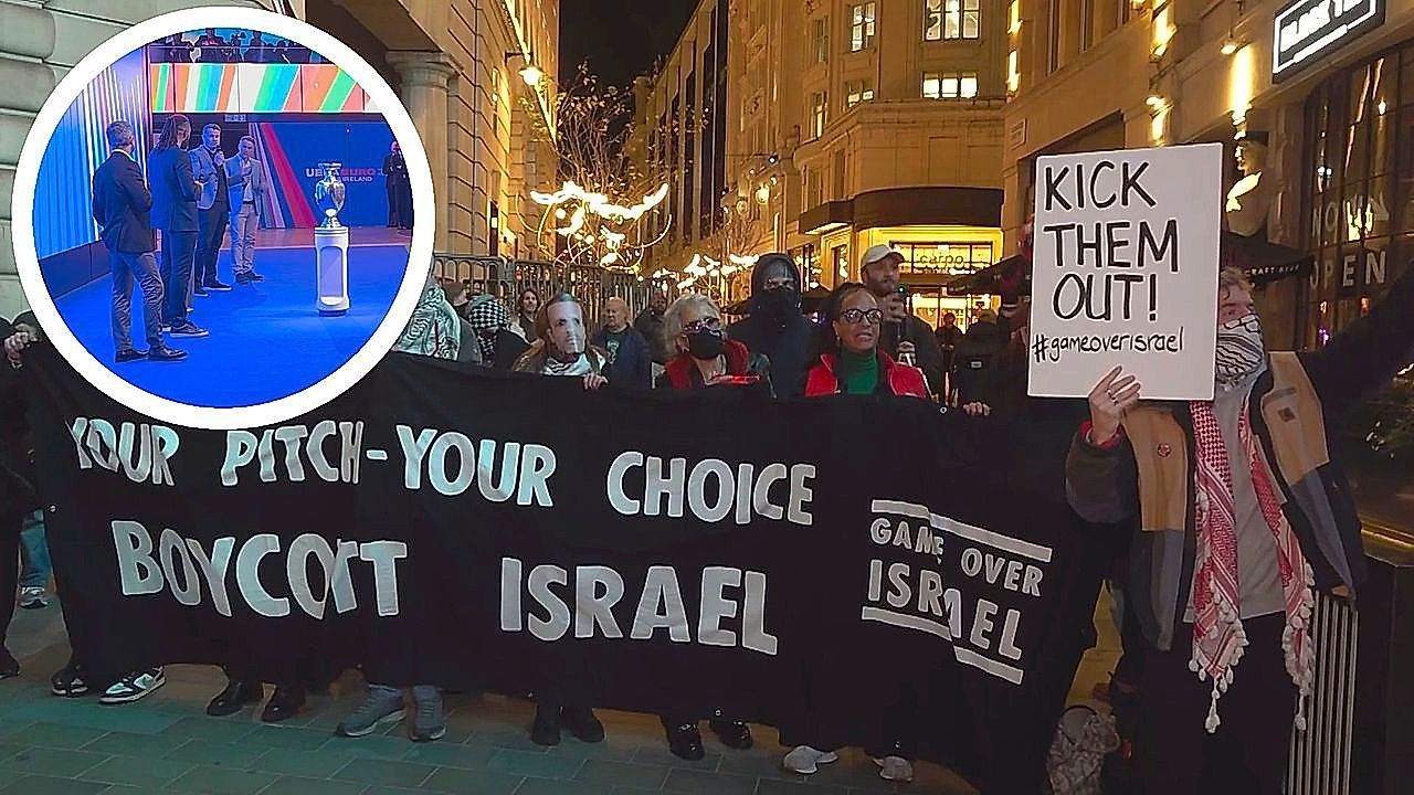 Video: Protesters demand Israel's expulsion from UEFA Euro 2028 tournament in London