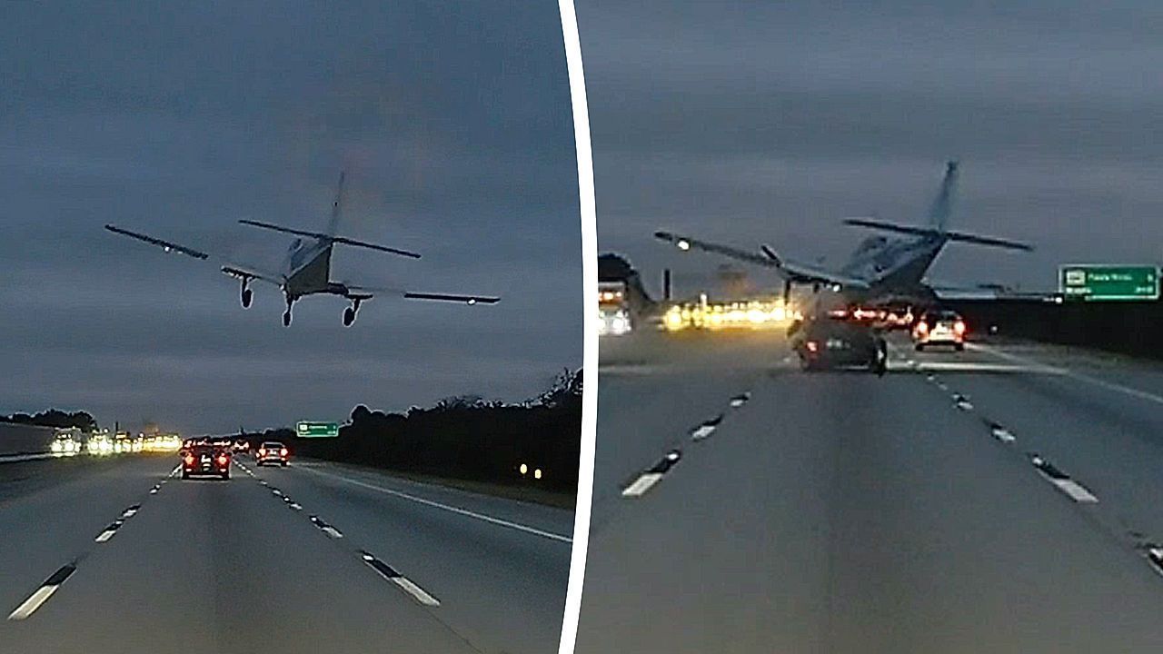 Video: Small plane crushes moving car during emergency landing on Florida interstate