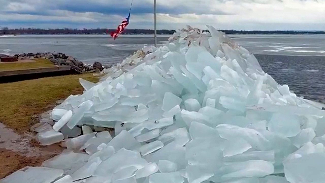 Video: Rare ice formations create striking shoreline scene at New York lake