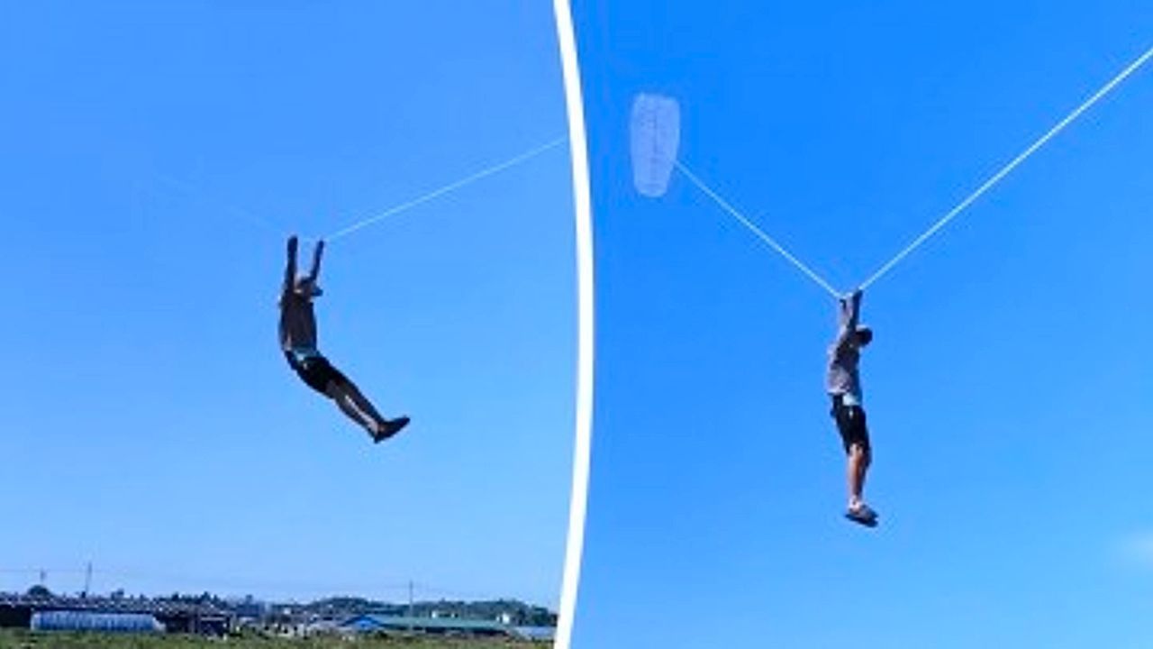 Video: Strong winds nearly lift men off ground during chaotic kite session