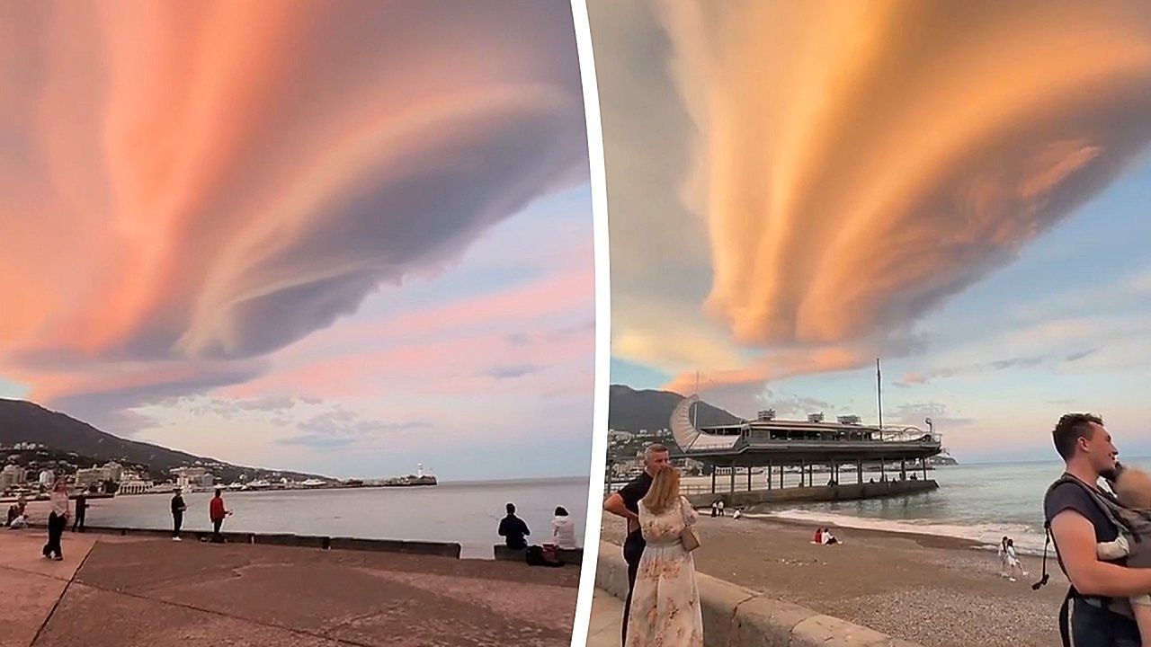 Video: Naturspektakel am Abendhimmel: Leuchtende Lenticulariswolke glüht über der Krim
