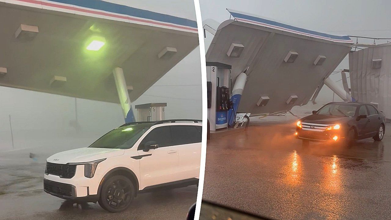 Video: Knapp daneben: Sturm reißt Tankstellendach in Ohio um
