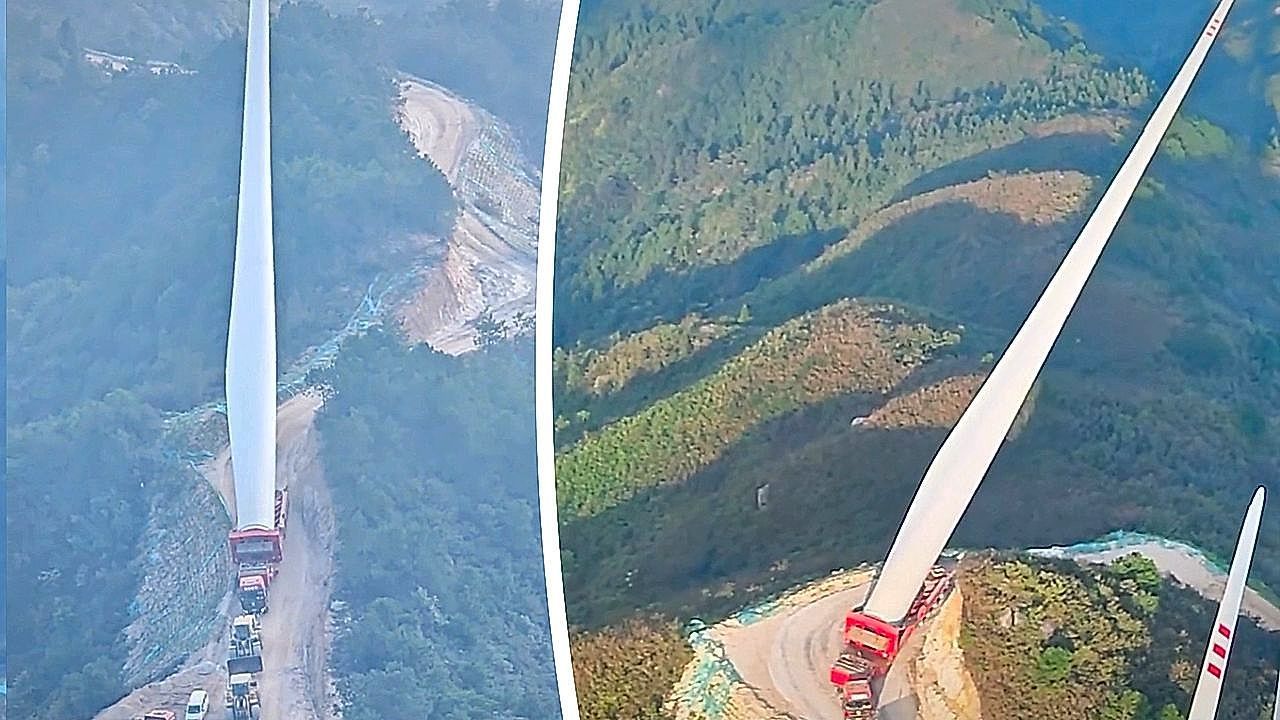 Video: Koloss auf Achse: Riesiges Windrad-Rotorblatt rollt über enge Bergstraße in China