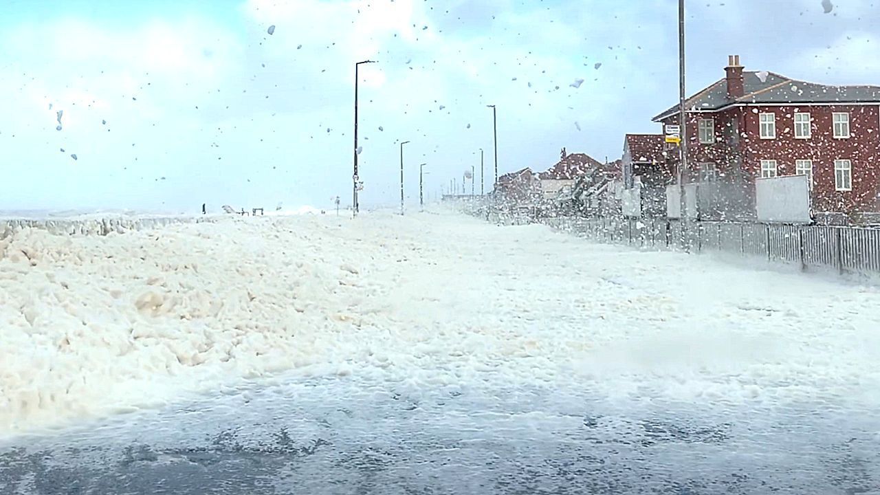 Storm Boelo causes sea foam chaos on English coastal road