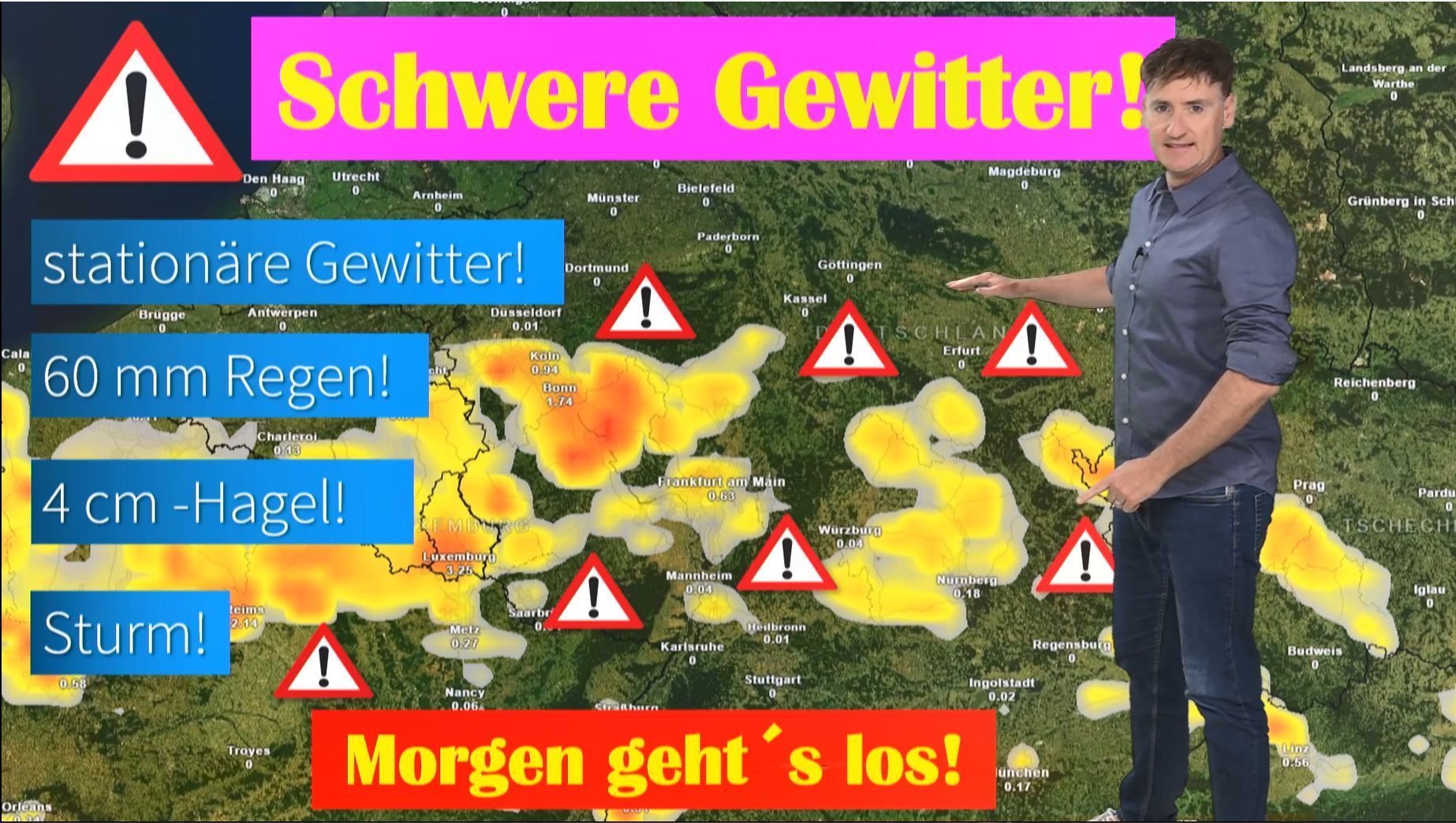 Video: Höchste Warnstufe: Unwetterlage ab Freitag! Gefahr stationärer Gewitter mit bis zu 60 Liter Regen, 4-cm-Hagel und Sturmböen!